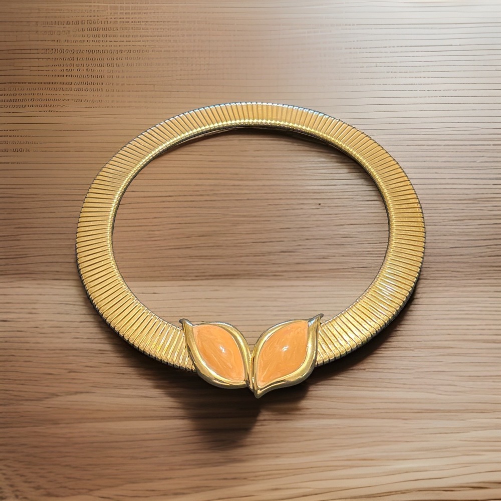Monet Signed Gold Tone Omega Choker Necklace 16" Pastel Peach Enamel Leaf Chunky